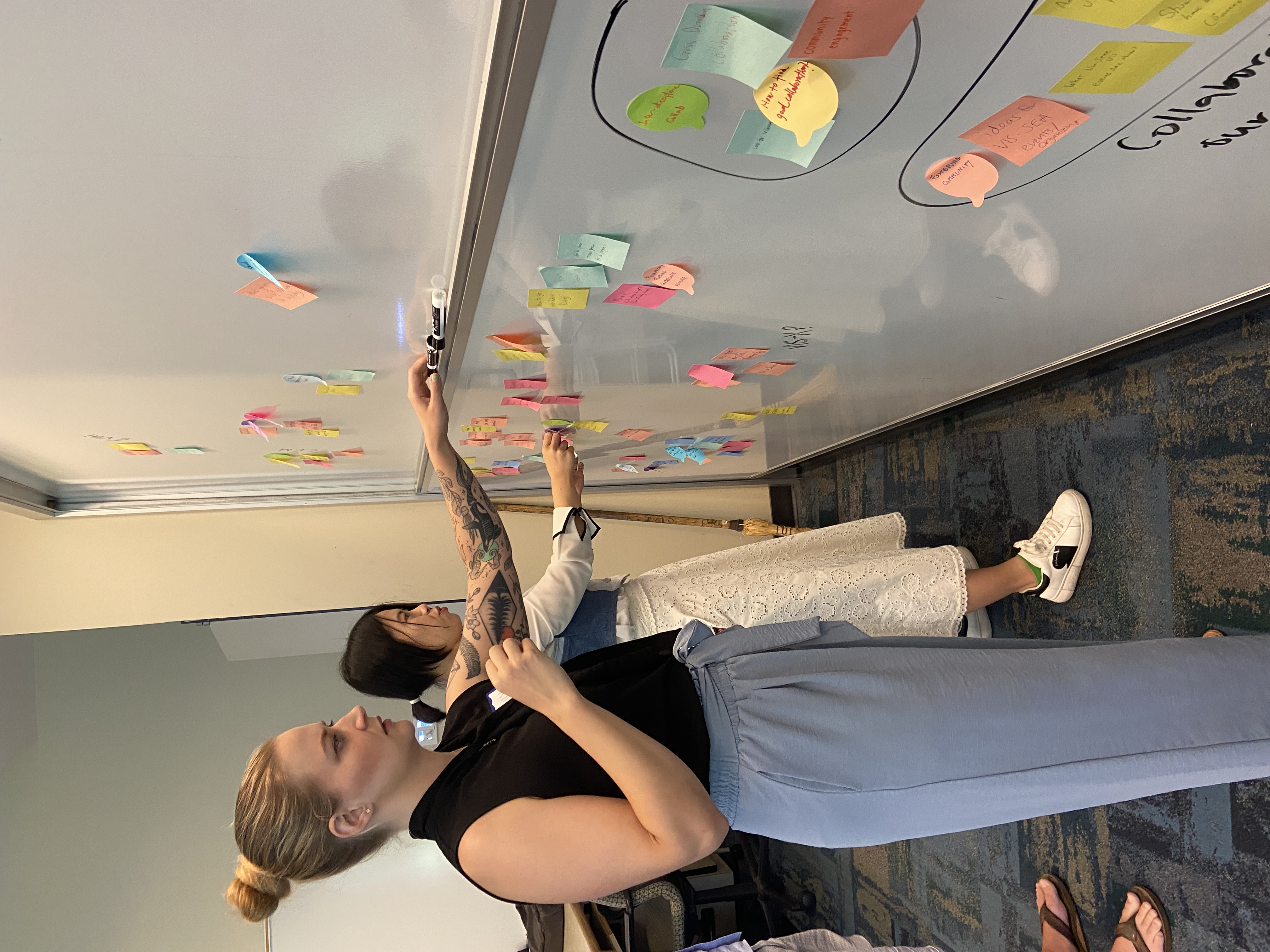 Emily and Cindy organizing the ideas on sticky notes